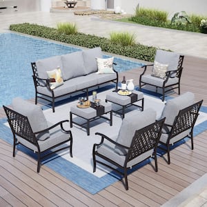 Black Meshed 9-Seat 7-Piece Metal Outdoor Patio Conversation Set with Gray Cushions and 2 Ottomans