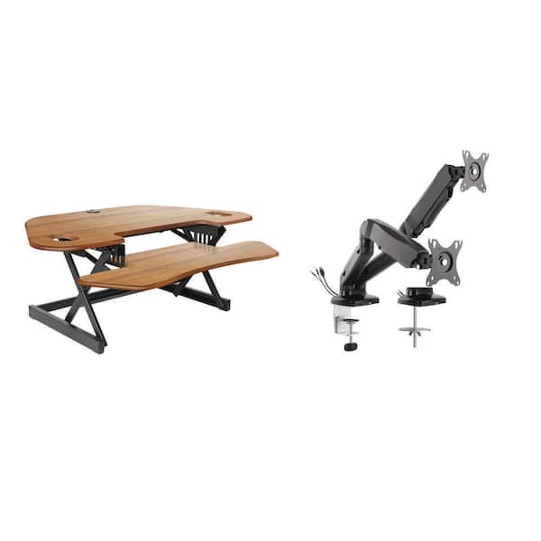 46 in. W Beige Height Adjustable Corner Standing Desk Converter with Dual Monitor Arm Mount and Extra Keyboard Tray