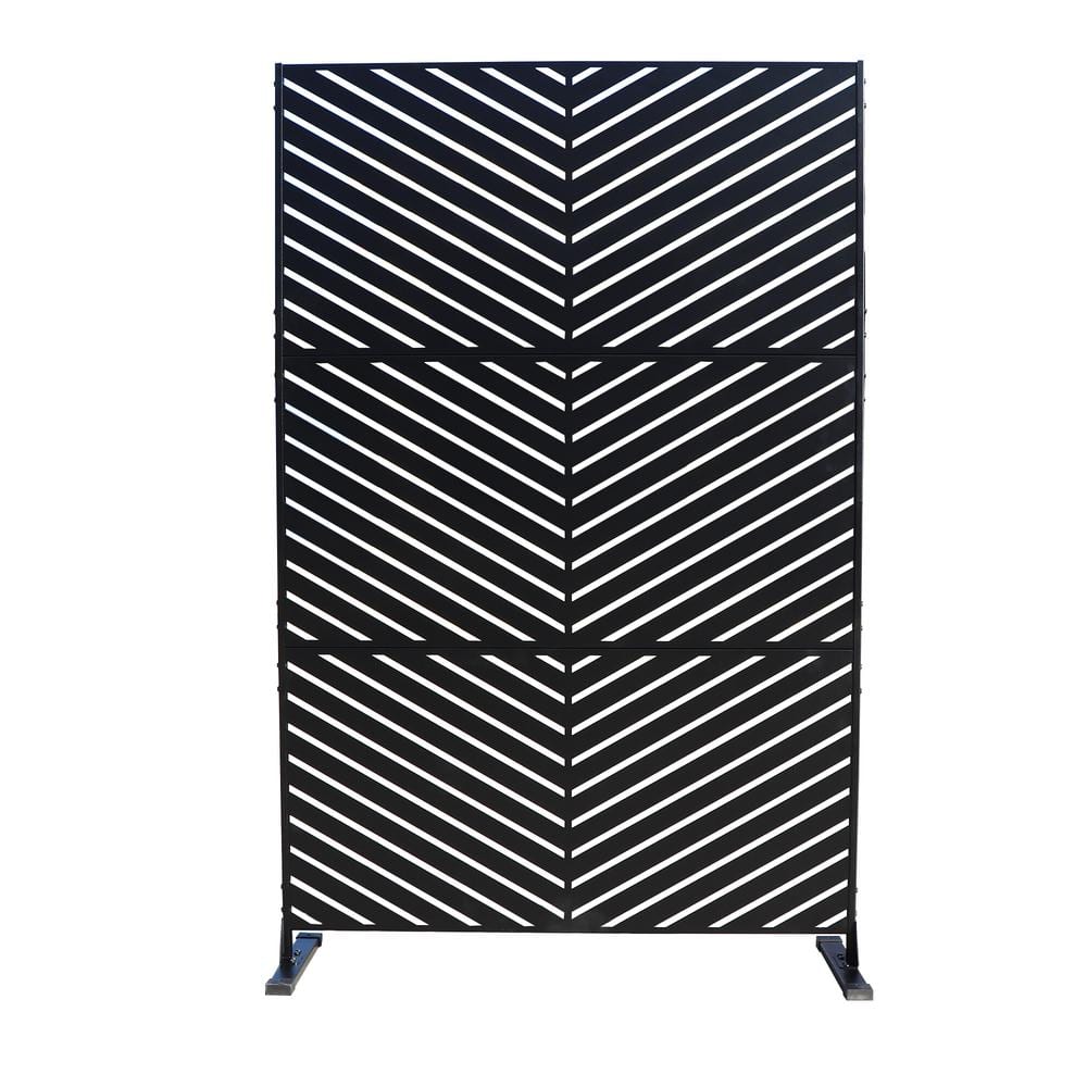 74 in. H x 47 in. W Black Metal Privacy Screen Decorative Outdoor Divider with Stand for Deck Patio Balcony (Chevron)