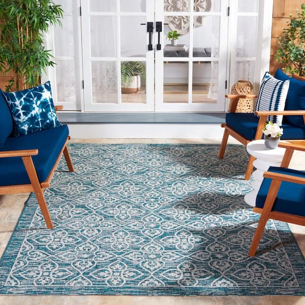 Courtyard Blue/Gray 7 ft. x 10 ft. Border Medallion Antique Indoor/Outdoor Area Rug