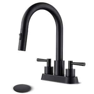 4 in. Centerset Double Handle High Arc Bathroom Sink Faucet with Pull Out Sprayer and Pop Up Drain in Matte Black