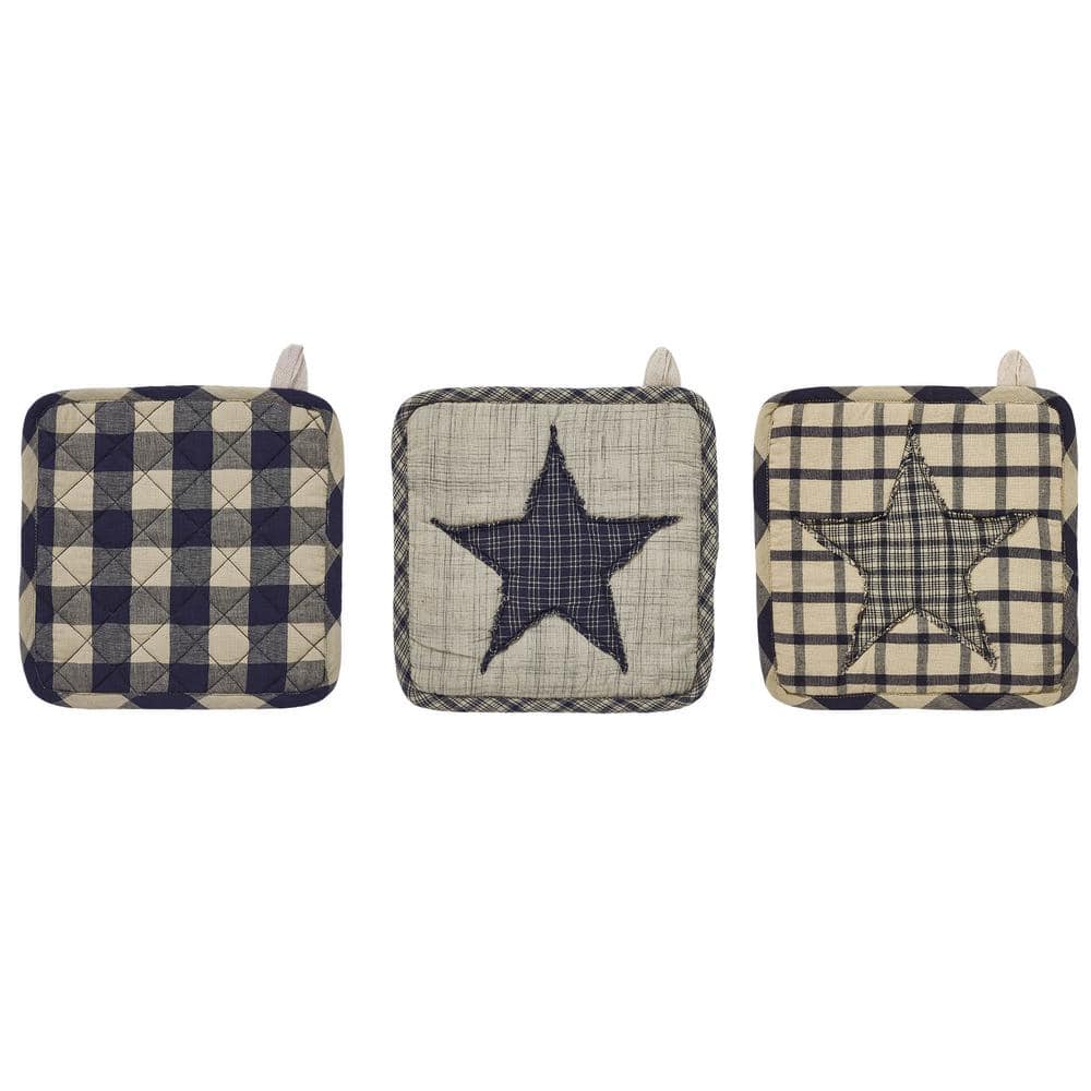 Navy and Tan Patchwork Cotton Pot Holder Set of 3