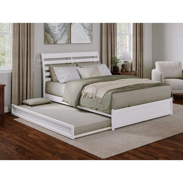 AFI Emelie White Solid Wood Frame Queen Platform Bed with Panel Footboard and Twin XL Trundle