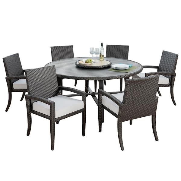 Mondawe Mongue 7-Piece Aluminum Frame Brown Wicker Patio Outdoor Dining Set with Light Gray CushionGuard Cushions for Yard
