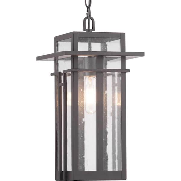 Boxwood Collection 1-Light Antique Bronze Clear Seeded Glass Craftsman Outdoor Hanging Lantern Light