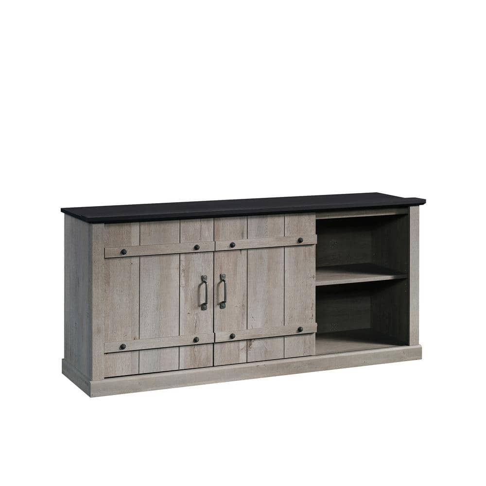 Mystic Oak and Raven Black 70" Farmhouse TV Stand with Barn Doors