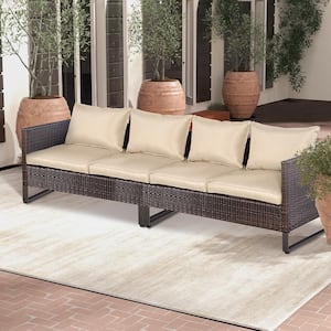 2PCS Wicker Outdoor Sectional Sofa Patio Conversation Set Garden Furniture with Beige Cushions