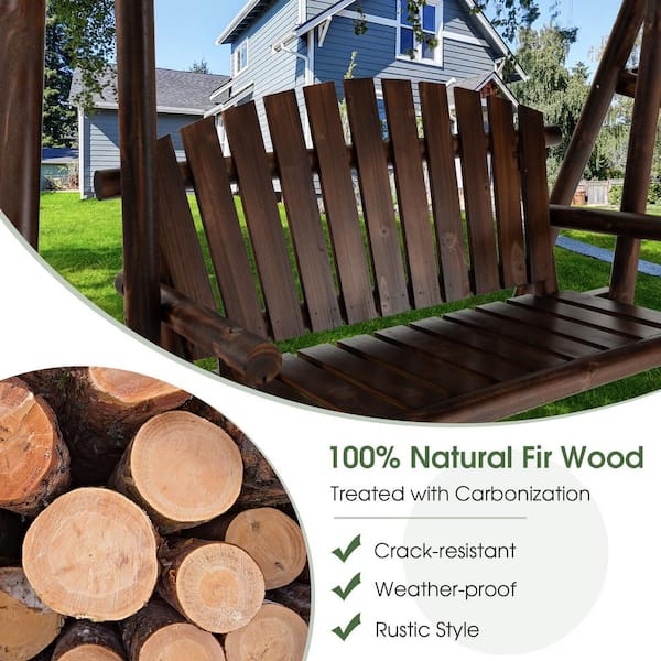 WELLFOR 2-Person Dark Brown Wood Patio Swing with Adjustable