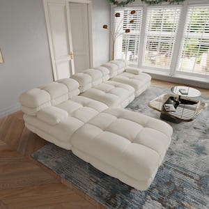 113.4 in. Free Combination Minimalist L Shape Sofa 4-Wide Seats Tufted Teddy Velvet Sectional Couch with Ottoman, White