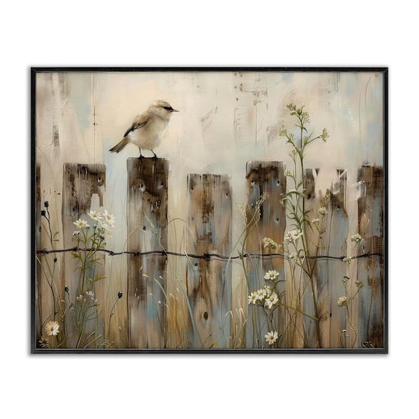 Fence Perched Country Bird by Arlington Prints Black Framed Animal Giclee Art Print 24 in. x 30 in.