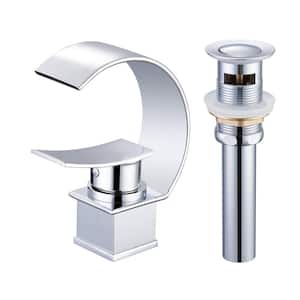 Luxury C Waterfall Single Lever Handle Arc Spout Single-Hole Bathroom Sink Faucet with Pop-up Drain in Polish Chrome
