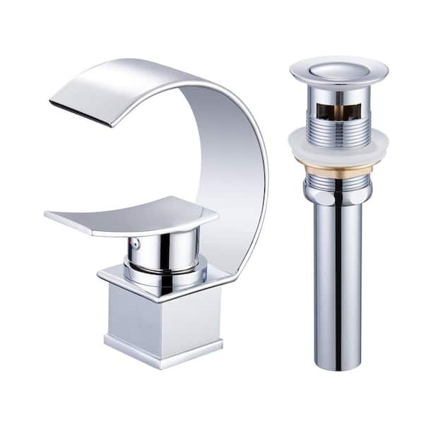 Unbranded Luxury C Waterfall Single Lever Handle Arc Spout Single-Hole Bathroom Sink Faucet with Pop-up Drain in Polish Chrome