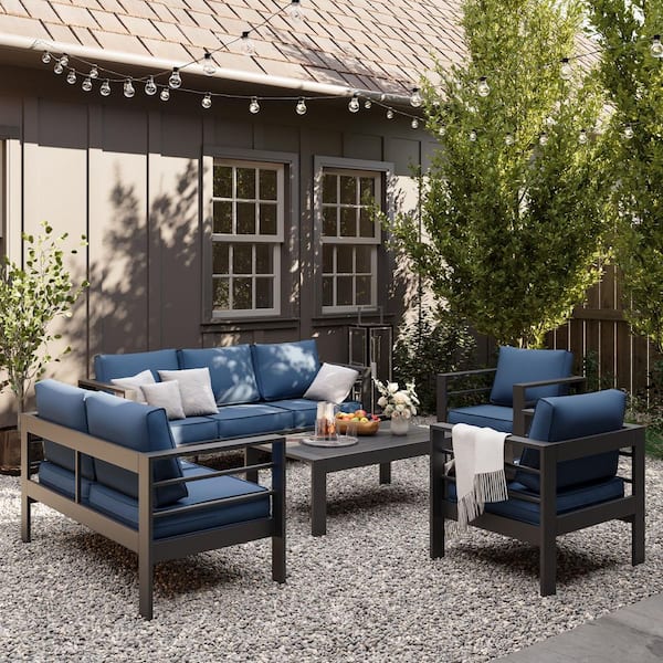 5-Piece Oversized Aluminum Patio Sectional Sofa Set with 5 in. Blue Cushions