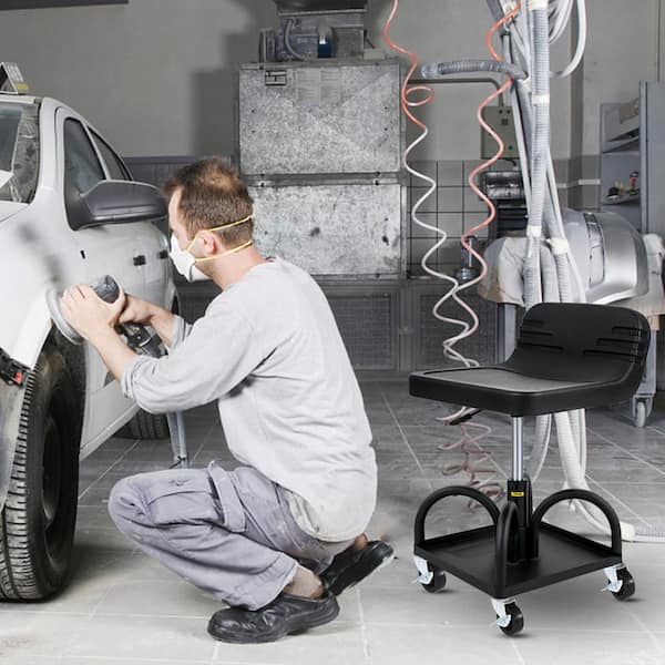 Rolling Shop Stool 300 Lbs. Load Mechanic Seat 15.7 to 20.5 in. with 360° Swivel Wheels Tool Tray for Workshop, Black