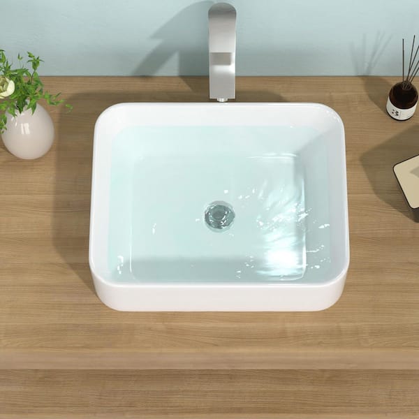 19 in. Vessel Rectangular Bathroom Sink with Faucet in White Ceramic