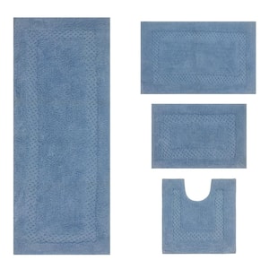 Classy 100% Cotton Bath Rugs Set, Machine Wash, 4-Pcs Set with Runner, Blue