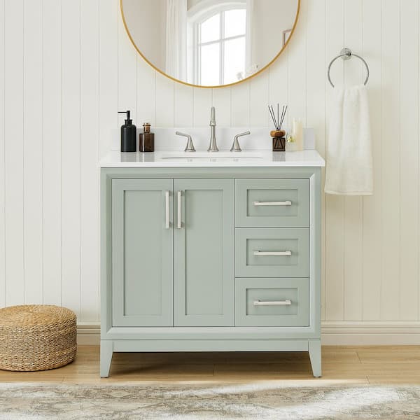 Runfine Caldera 36 in. Single Sink Freestanding Light Grey Bath Vanity with Pure White Engineer Stone Top