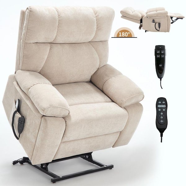 Heavy-Duty Beige Power Lift Heat Massage Recliner Chair with Dual Motor, Infinite Position, Hidden Cup Holders & Remote
