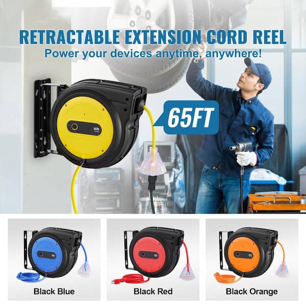 Retractable Extension Cord Reel, 65 ft., 12Gauge / 3 Conductors, 15 Amps Extension Cord Reel with 3-Outlets