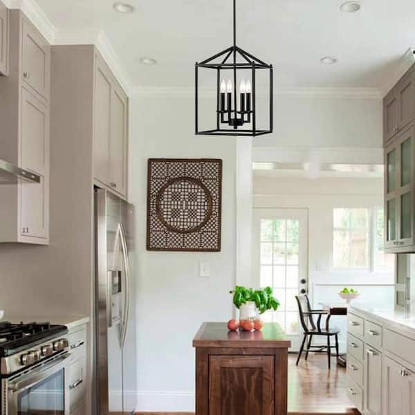 Hukoro Alfa 12 in. 4-Light Modern Rectangle Lantern Pendant Light with Mate Black finish