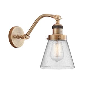 Cone 6.5 in. 1-Light Brushed Brass Wall Sconce with Seedy Glass Shade