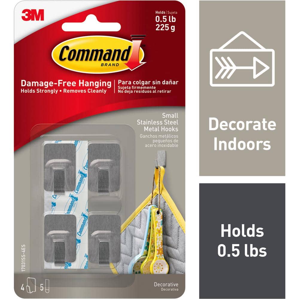 Command 1/2 lb. Small Stainless Steel Metal Hooks (4 Hooks, 5 Strips)  17031SS-4ES - The Home Depot