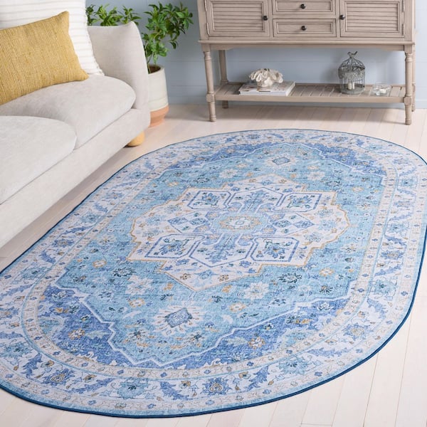Tucson 5 ft. x 8 ft. Oval Light Blue/Blue Ornate Floral Medallion Washable Area Rug