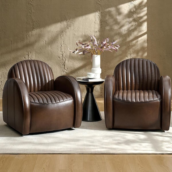 JAYDEN CREATION Briana Brown Genuine Leather Accent Chair with Swivel (Set of 2)