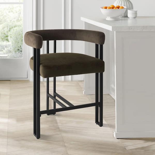 24 in. Seat Height High Back Metal Frame Counter Height Velvet Bar Stool Mink Single