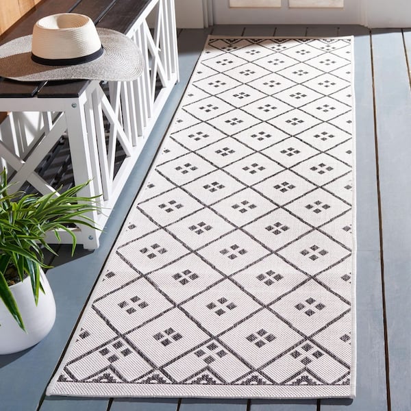Courtyard 2 ft. x 8 ft. Ivory/Black Geometric Indoor/Outdoor Runner Rug