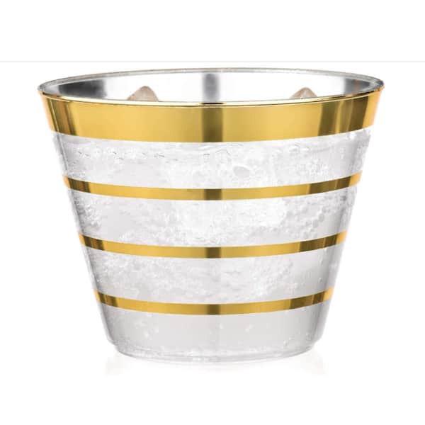 PERFECT SETTINGS 9 oz. 4 Line Gold Rim Clear Disposable Plastic Cups,  Party, Cold Drinks, (110/Pack) 110GLDFOURLN9OZ - The Home Depot