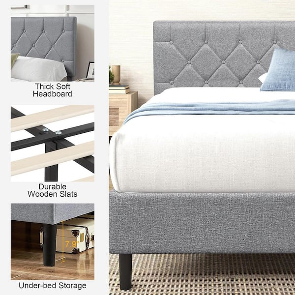 Upholstered Bed, Platform Bed with Adjustable Headboard, Wood Slat Support, No Box Spring Needed, Gray Queen Bed Frame