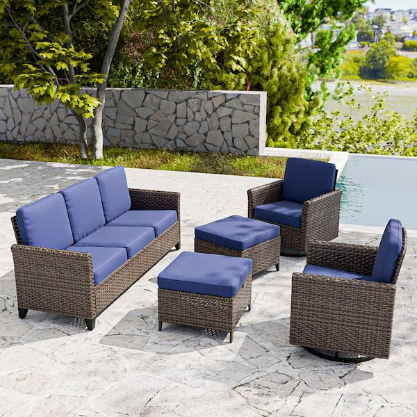 Brown Rattan Wicker 5-piece Outdoor Patio Conversation Set with Blue Cushions, Ottomans