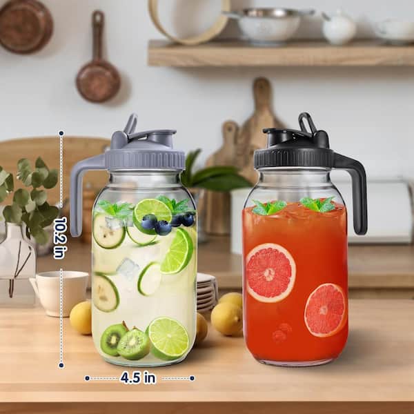2-Pack Glass Mason Jar Pitcher Set Wide Mouth Leak-Proof Lid Spout Airtight Water Juice Tea Milk Iced Coffee
