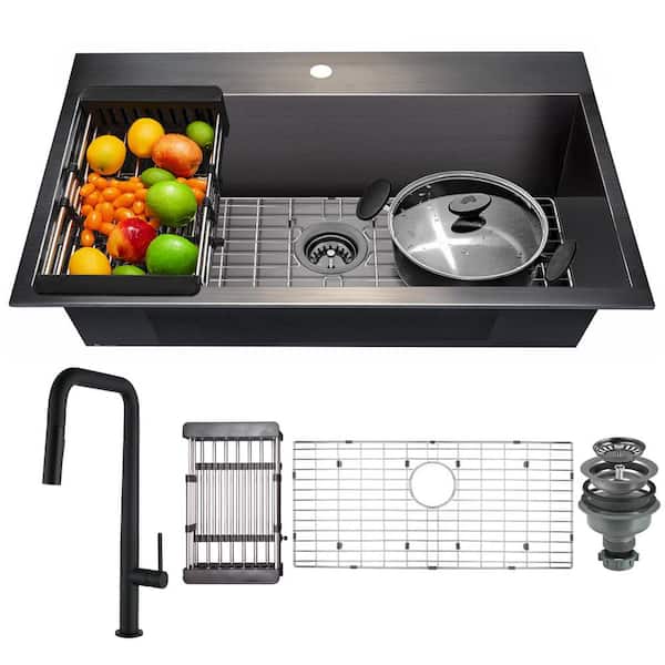 AKDY Gunmetal Matte Black Finish Stainless Steel 33 in. x 22 in. Single Bowl Drop-In Kitchen Sink with Pull-down Faucet