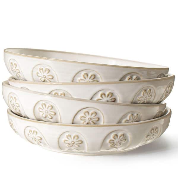 Set of 4 Large 50oz White Ceramic Salad and Soup Bowls with Embossed Pinwheel Flower Pattern 9.75 in
