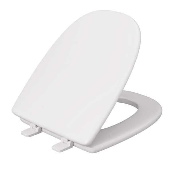 Molded Wood Elongated Closed Square Front Toilet Seat fits Eljer Emblem with Cover and Adjustable Hinge in White