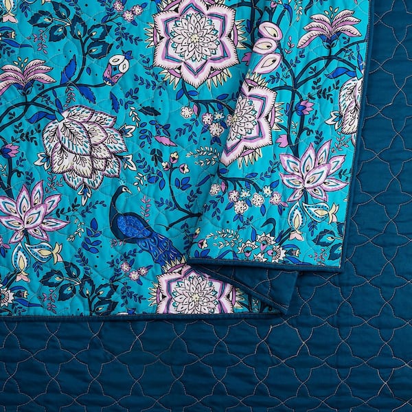 Peacock Garden 3-Piece Blue Brushed Polyester Full/Queen Quilt Set