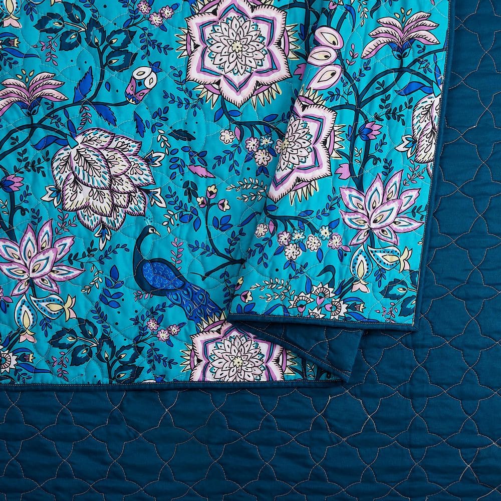 Turquoise Floral and Peacock King Microfiber Quilt Set