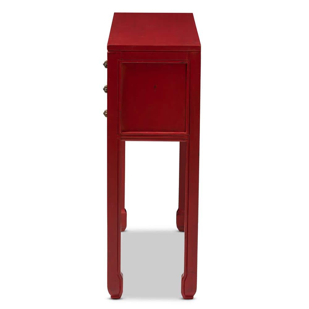 Antique Red Bayur Wood Console Table with Bronze Accents and Storage
