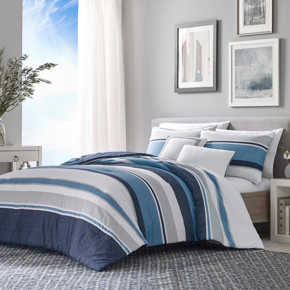 King Size Blue Cotton Reversible Comforter Set with Shams