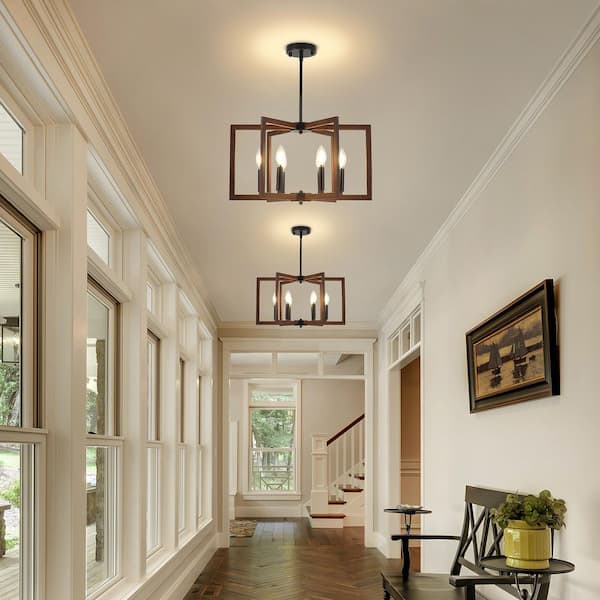 6-Light Walnut Geometric Industrial Chandelier, Candle Style Rustic Hanging Ceiling Lighting for Living Room and Kitchen