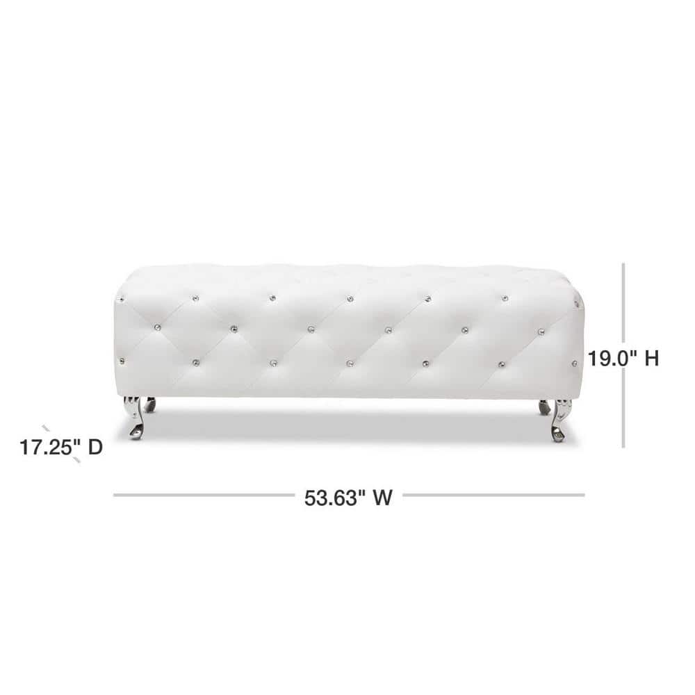 Stella Crystal-Tufted White Faux Leather Modern Bench