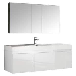 Mezzo 59 in. Vanity in White with Acrylic Vanity Top in White with White Basin and Mirrored Medicine Cabinet