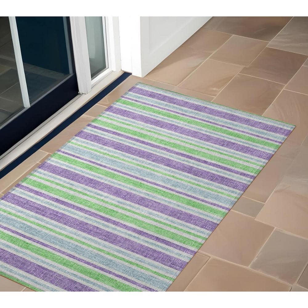Lime Green and Purple Striped Polyester Outdoor Rug