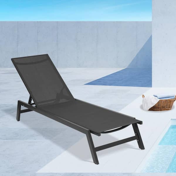 Unbranded Black 1-Piece Metal Outdoor Chaise Lounge Five-Position Adjustable Aluminum Recliner For Patio, Beach, Yard, Pool