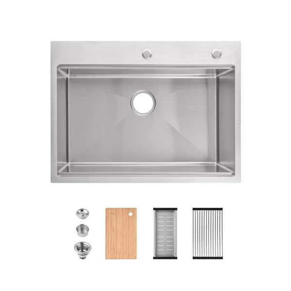30 in. Drop-in Single Bowl 16 Gauge Brushed Nickel Stainless Steel Kitchen Sink with Cutting Board, Colander