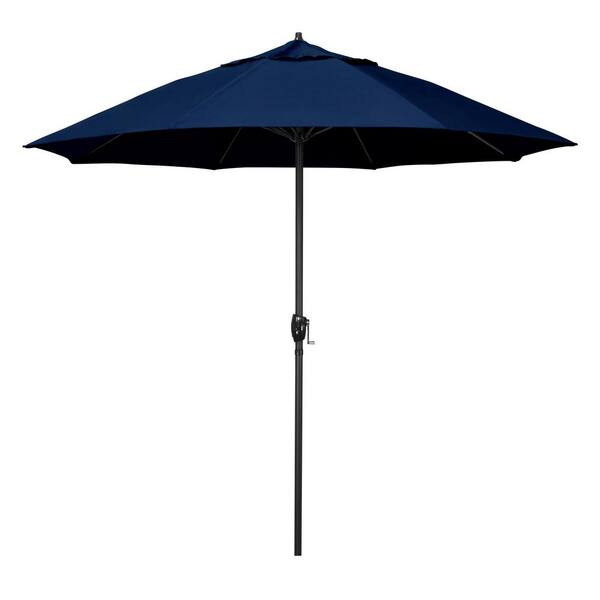 California Umbrella 9 ft. Black Aluminum Market Patio Umbrella Fiberglass Ribs and Auto Tilt in Captains Navy Pacifica Premium