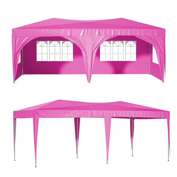 Sudzendf 10 ft. x 20 ft. Pink Pop-Up Canopy Tent with 6 Sidewalls, 3 Adjustable Heights, Carry Bag, 6 Sand Bags
