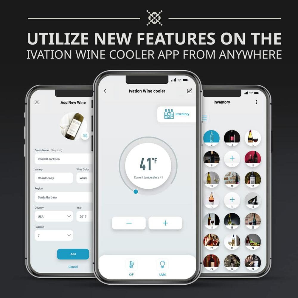 Ivation 34 Bottle Black Freestanding Wine Cooler with Wi-Fi and LED Lighting